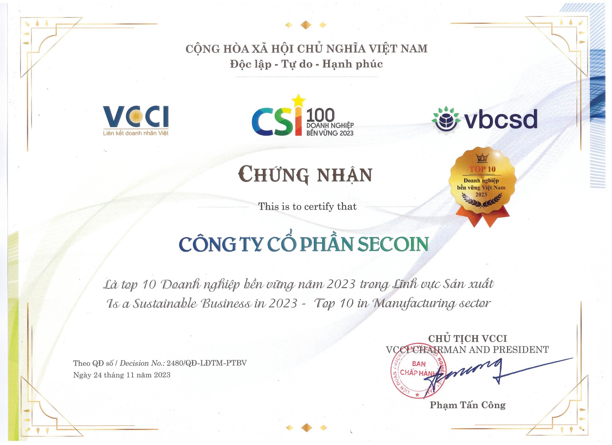 Secoin vinh dự được công nhận Top 10 Doanh nghiệp bền vững năm 2023